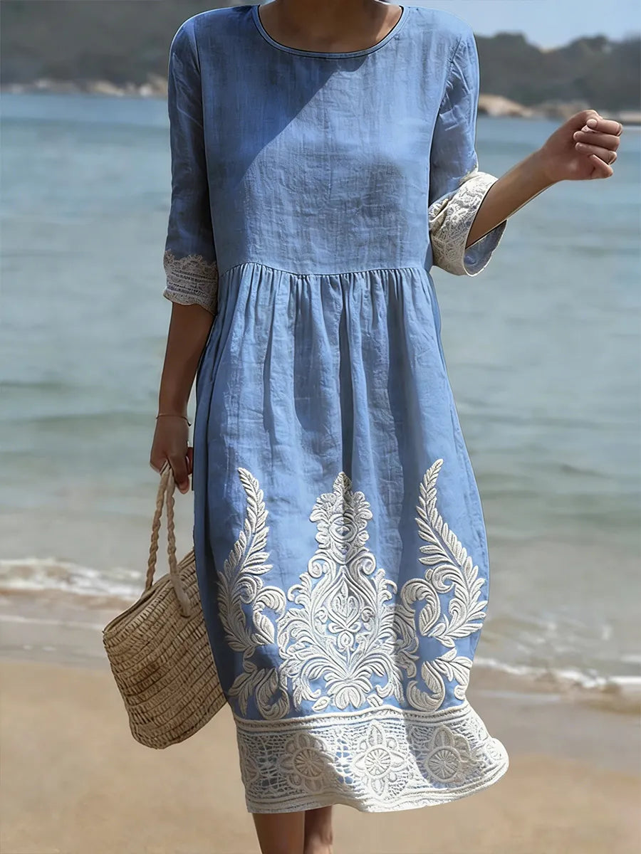 Elina | Abito Midi in Lino con Dettagli al Fondo