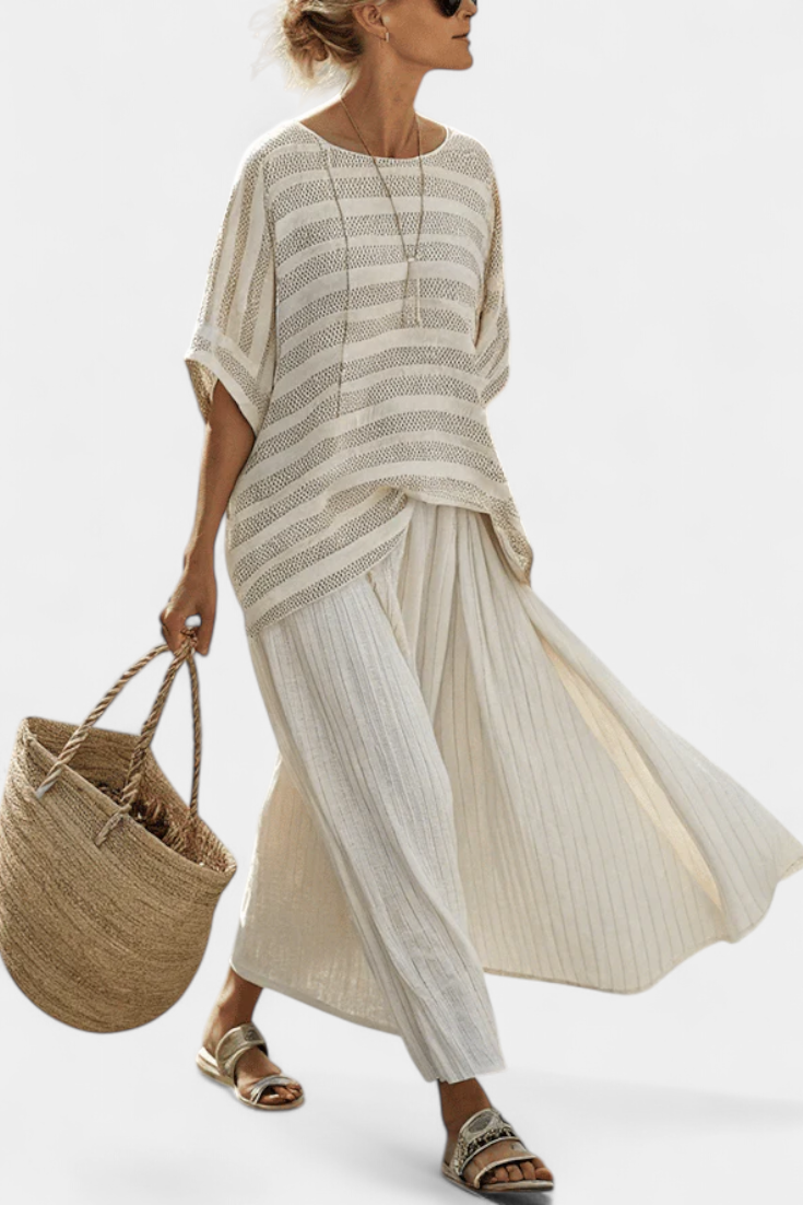 Graziella – top a righe in bambù naturale e pantaloni in lino fluidi