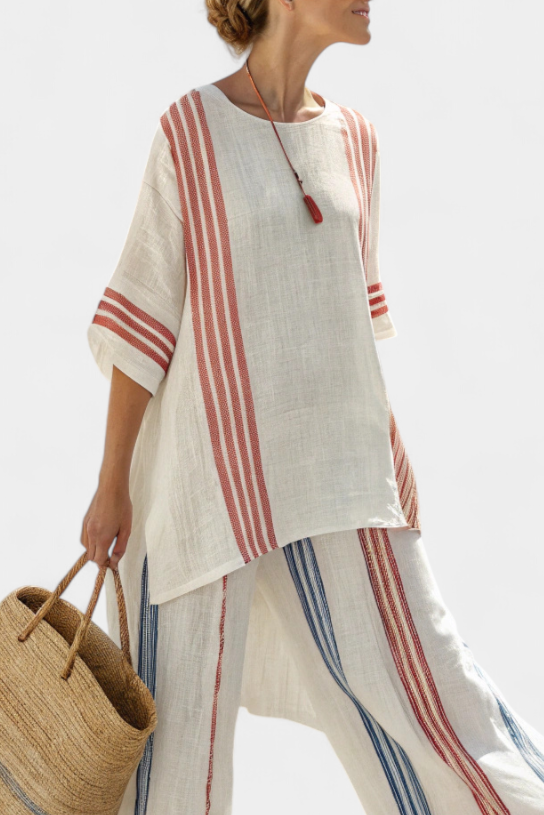 Ludovica – top a righe multicolore sofisticato e pantaloni mediterranei