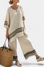 Mariella – top in lino a righe nere elegante e pantaloni fluidi