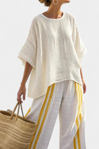 Arianna – top in lino a righe gialle elegante e pantaloni a gamba larga