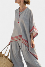 Rossella – blusa asimmetrica sofisticata e pantaloni etnici a gamba larga
