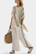 Raffaella – blusa in lino avorio elegante e pantaloni a righe nere
