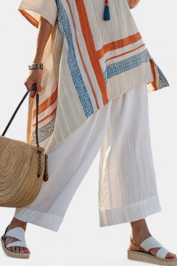 Loredana – blusa asimmetrica sofisticata e pantaloni in lino a gamba larga