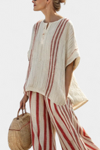 Mirella – top strutturato rosso a righe e pantaloni in lino
