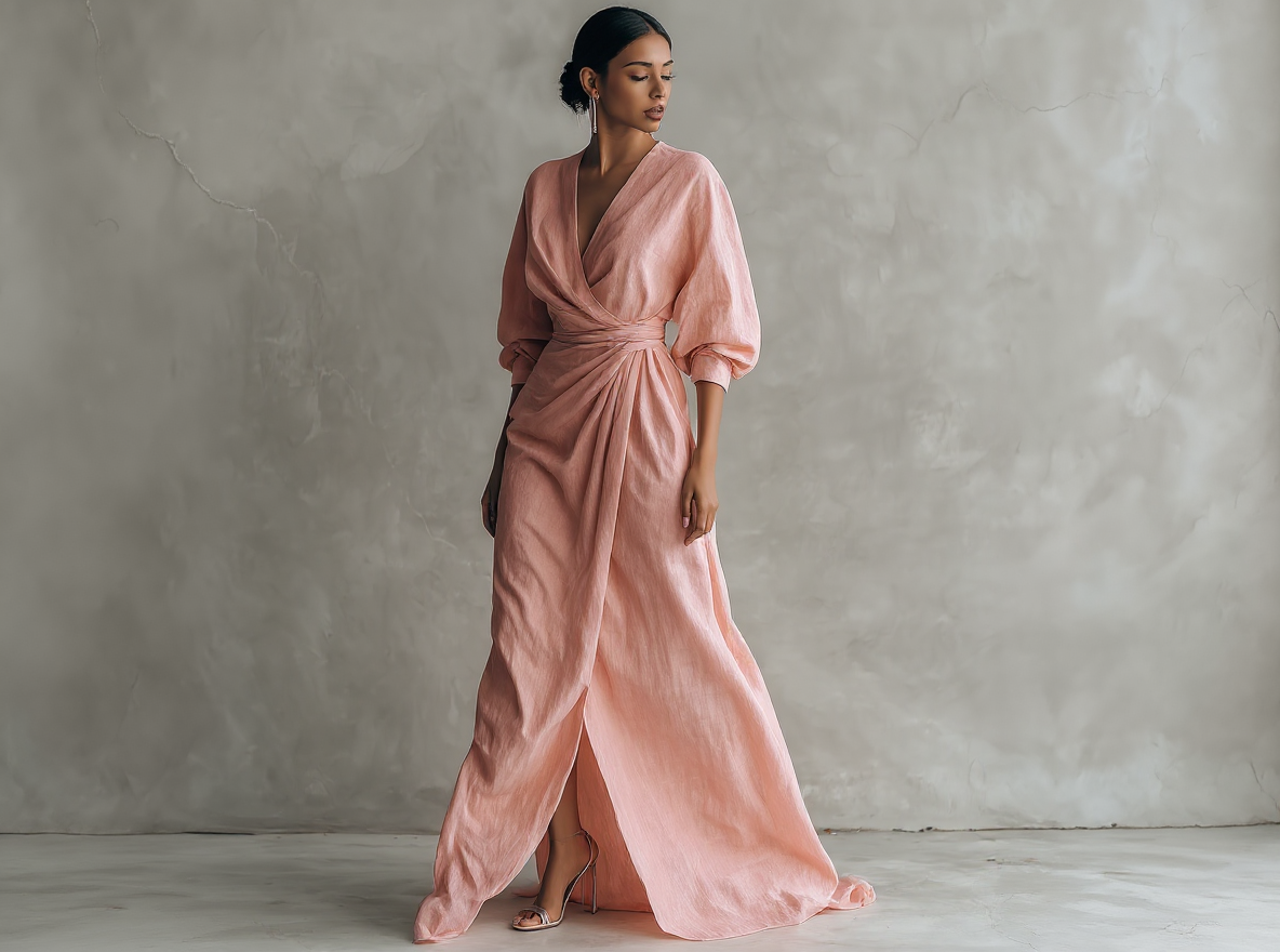 Abito lungo minimalista rosa con scollo a V in misto lino da donna